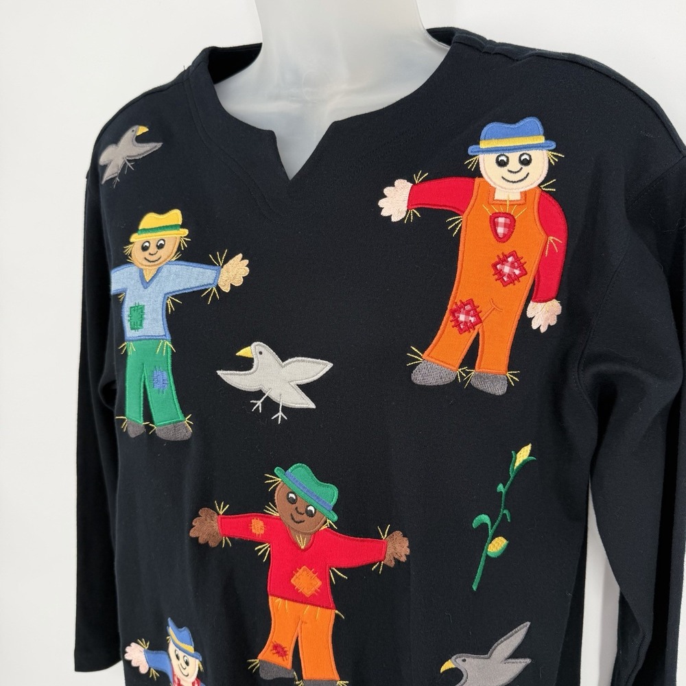 Bechamel Petites Sz S Embroidered Scarecrow Shirt Corn Birds Fall Holiday Top - Picture 2 of 5
